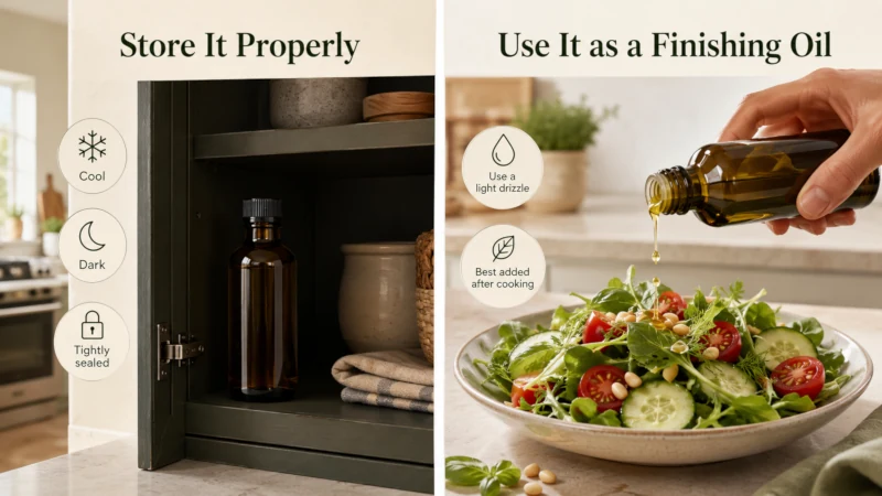 Illustration showing pine nut oil stored in a cool dark cupboard and drizzled over a salad.