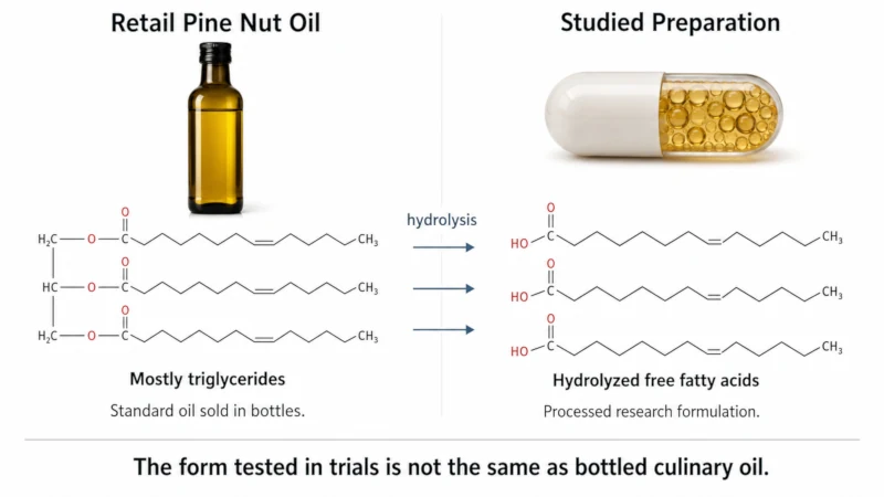 Diagram contrasting triglyceride pine nut oil in a bottle with hydrolyzed free fatty acid oil in a delayed-release capsule.
