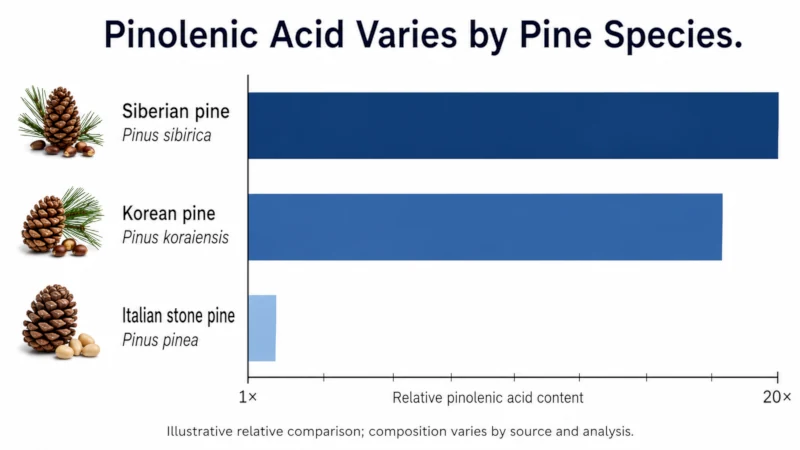 Bar chart comparing pinolenic acid content in Siberian, Korean, and Italian stone pine nut oil.