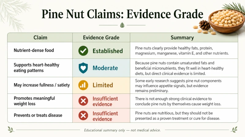 Table grading pine nut claims from established to insufficient evidence.