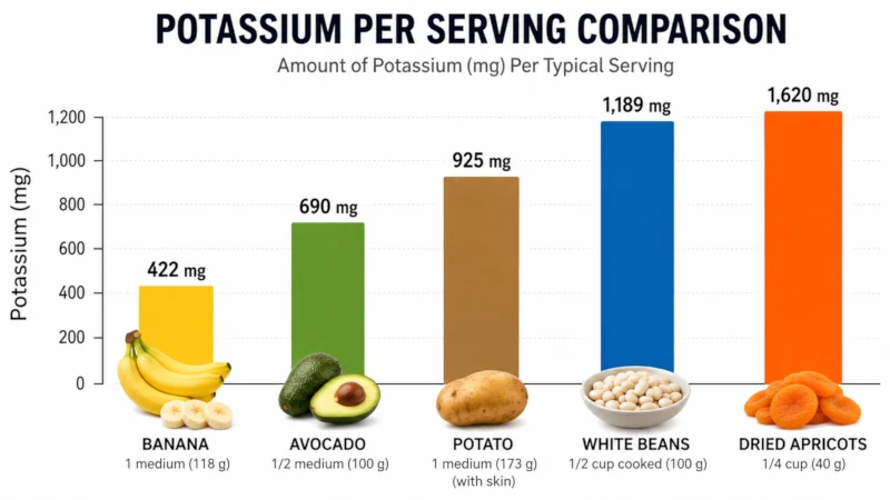 Bar chart comparing potassium per serving in banana, avocado, potato, white beans, and dried apricots