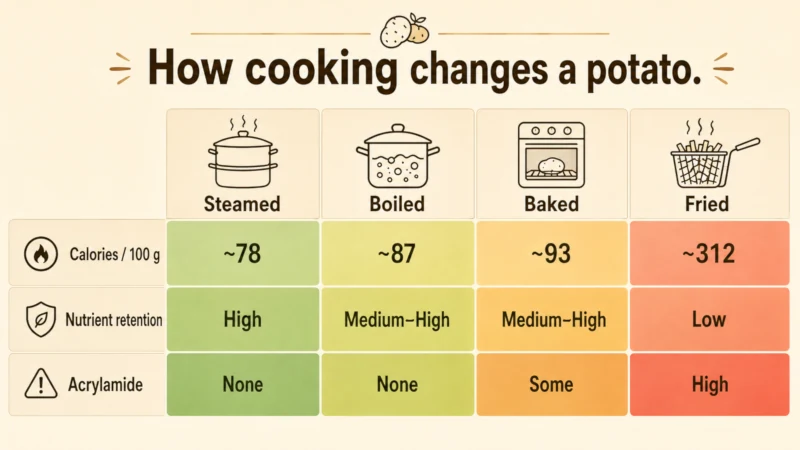 Comparison chart of steamed, boiled, baked, and fried potatoes showing calories and nutrient retention.