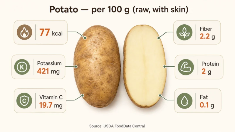 Infographic the health benefits of potatoes and nutrition facts per 100 grams showing calories, potassium, vitamin C, fiber, and protein.