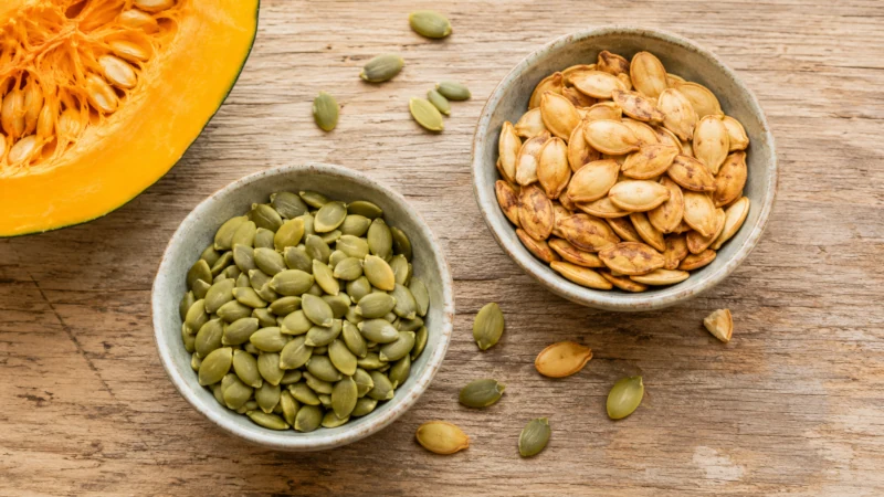 Raw green squash seeds and lightly toasted seeds in two bowls