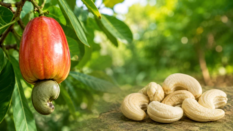 Cashew apple with attached shell beside processed cashew kernels