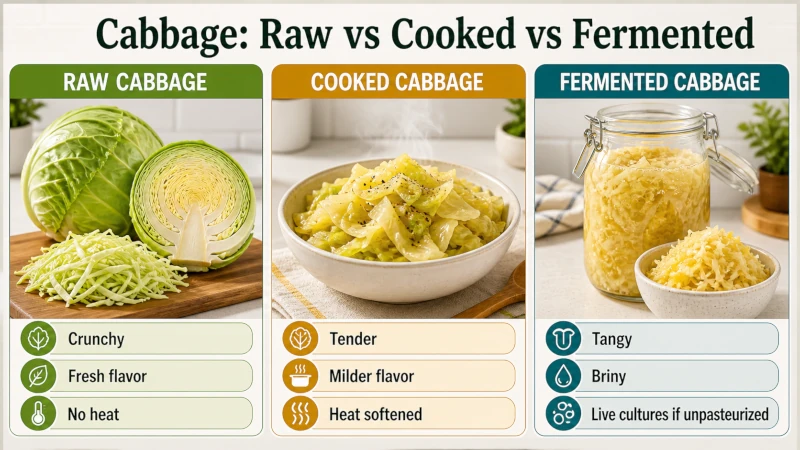 Comparison of raw cabbage, cooked cabbage, and fermented cabbage.