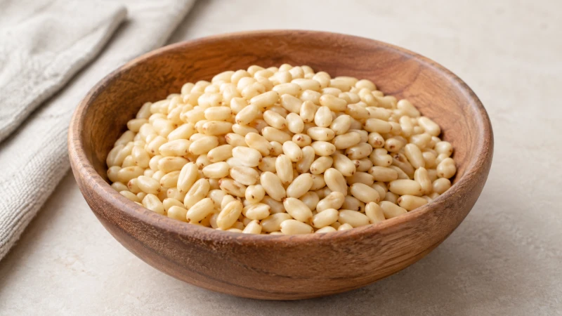 Small pile of raw shelled pine nuts in a wooden bowl.