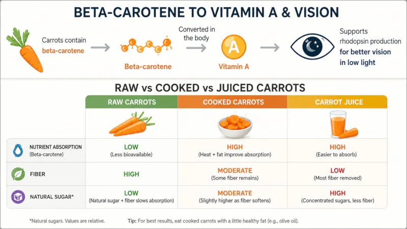 Comparison of raw, cooked, and juiced carrots for absorption, fiber, and sugar.