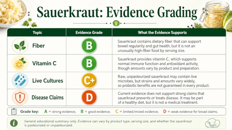 Chart grading evidence for sauerkraut fiber, vitamin C, live cultures and disease claims