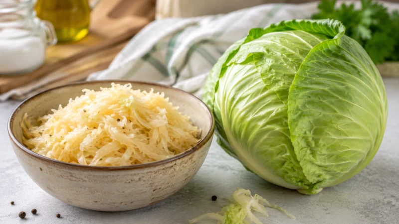 Bowl of fermented sauerkraut beside fresh green cabbage