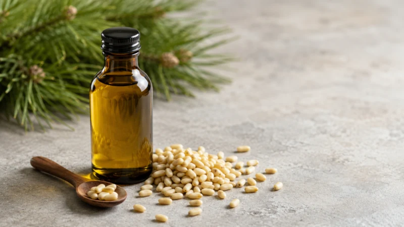 Dark glass bottle of cold-pressed Siberian pine nut oil beside shelled pine nut kernels.