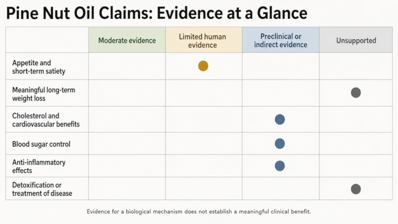 Chart grading evidence for pine nut oil claims from limited human data to unsupported.