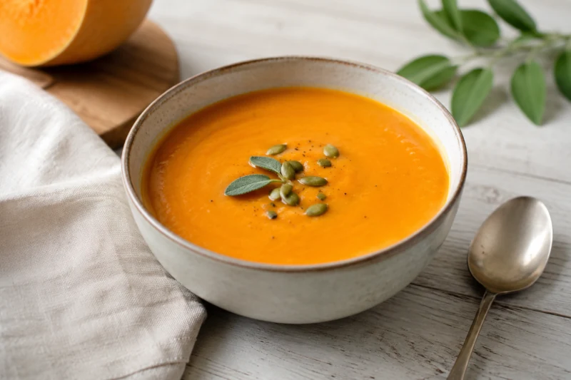 Bowl of smooth butternut squash soup with pumpkin seeds