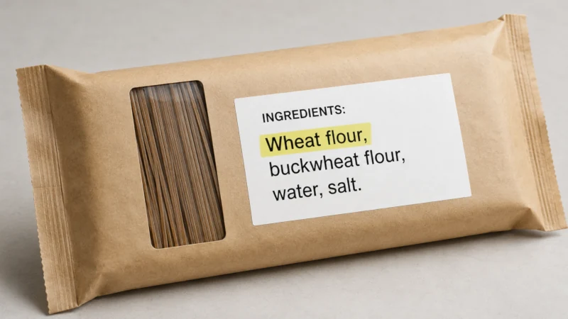 Soba noodle package ingredient list showing wheat flour listed before buckwheat flour.