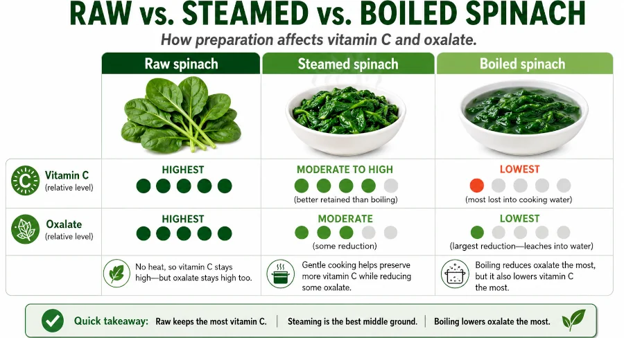 Chart comparing raw, steamed, and boiled spinach and their effects on vitamin C and oxalate.