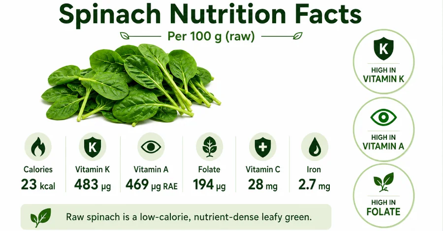 Spinach health benefits nutrition facts per 100 grams showing high vitamin K, vitamin A, and folate