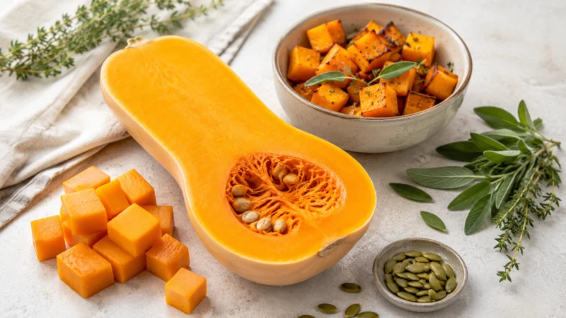 Halved butternut squash with orange flesh, squash cubes and seeds