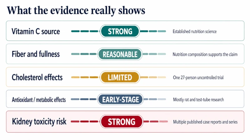 Evidence chart grading star fruit vitamin C, fiber, cholesterol, antioxidant claims, and kidney toxicity risk.