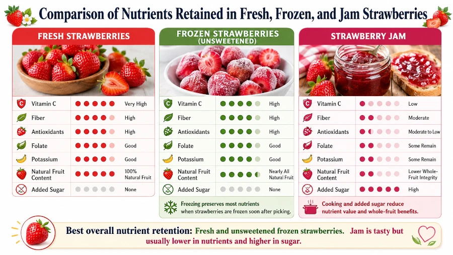 Comparison of nutrients retained in fresh, frozen, and jam strawberries.