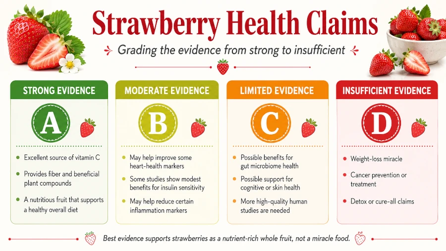 Graphic grading strawberry health claims from strong to insufficient evidence.