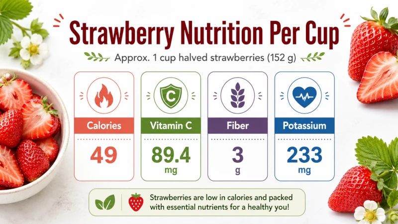 Chart of strawberry nutrition per cup: calories, vitamin C, fiber, potassium.