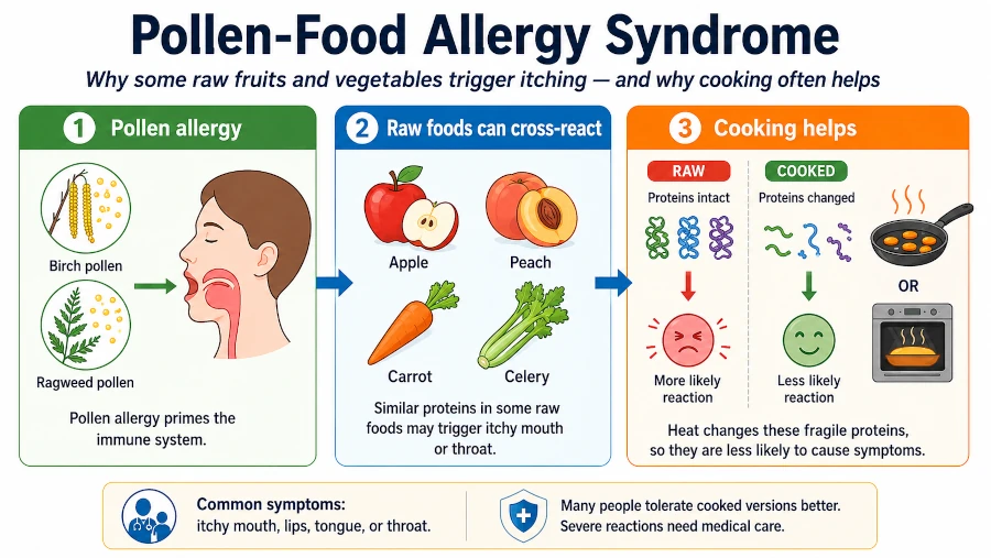 Diagram of pollen-food allergy syndrome and why cooking reduces reactions.