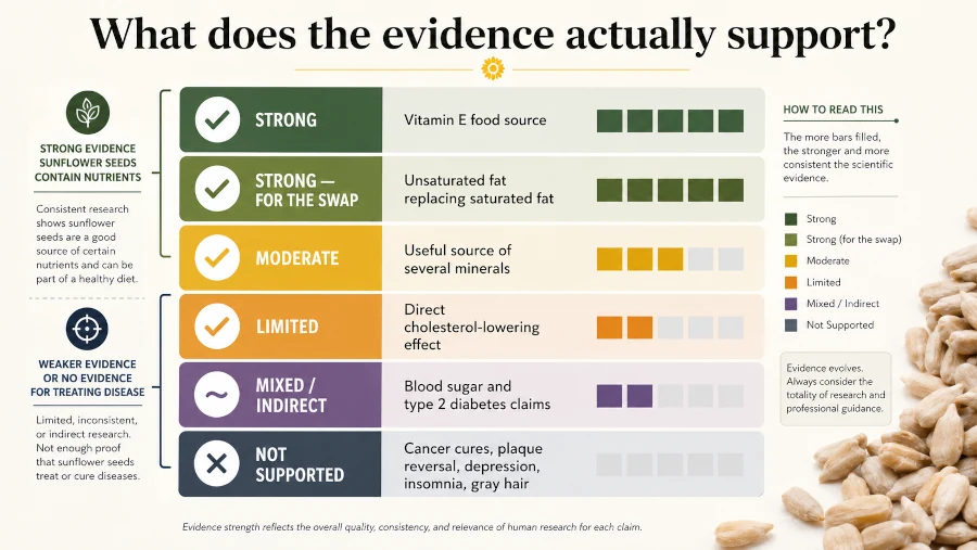 Evidence grading graphic showing benefits of sunflower seeds showing strong, moderate, limited, mixed, and unsupported claims.