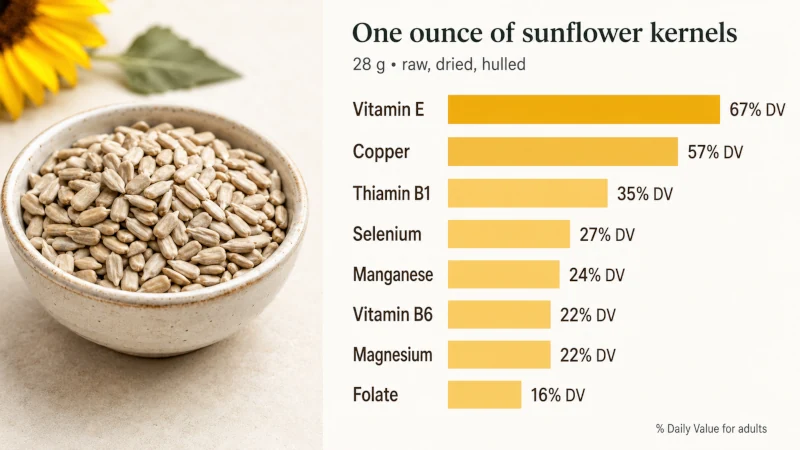 Nutrition infographic showing key nutrients in one ounce of sunflower seeds, led by vitamin E at 67 percent Daily Value