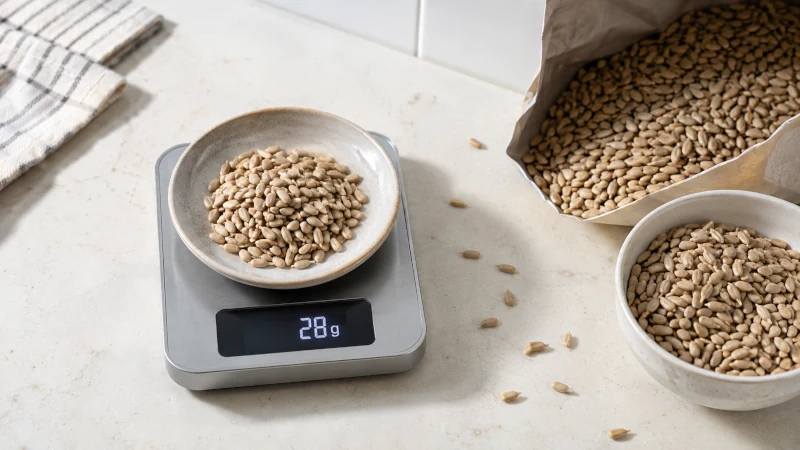 One ounce or 28 grams of shelled sunflower seeds measured on a small kitchen scale