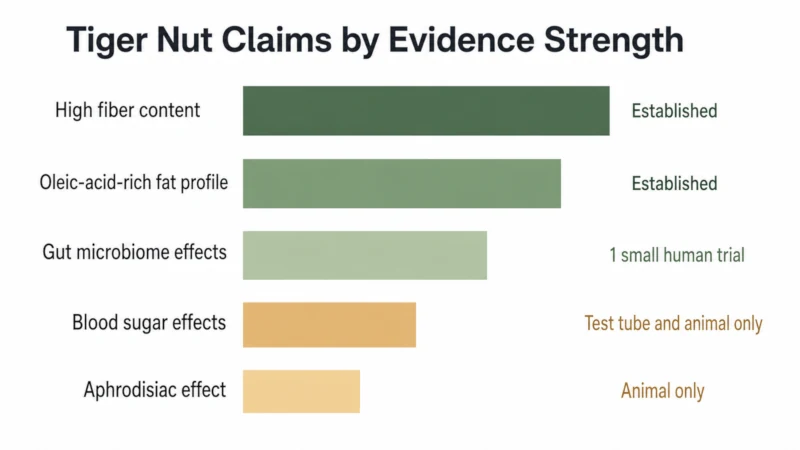Chart grading tiger nut health benefits claims by evidence strength, from established nutrition facts to animal-only findings