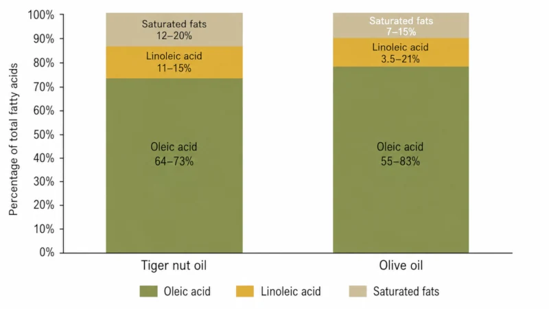 Stacked bar chart comparing oleic, linoleic, and saturated fat percentages in tiger nut oil and olive oil