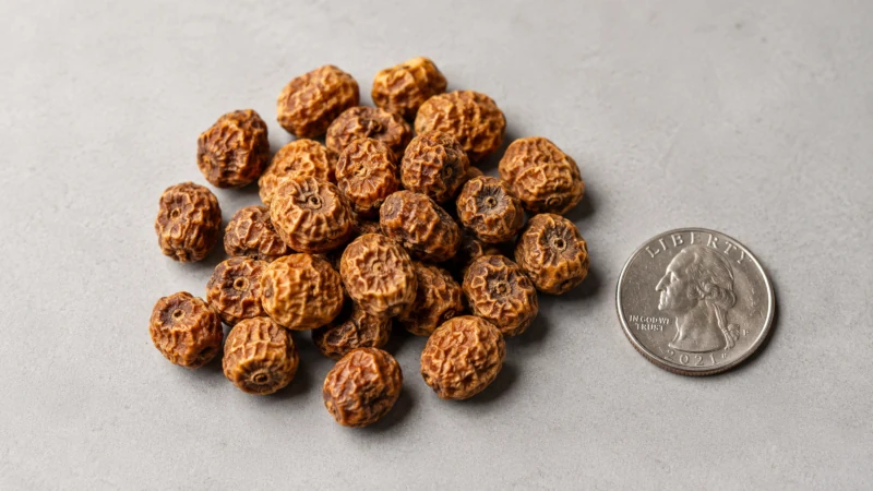 Dried tiger nut tubers beside a US quarter showing their one-to-two-centimeter size