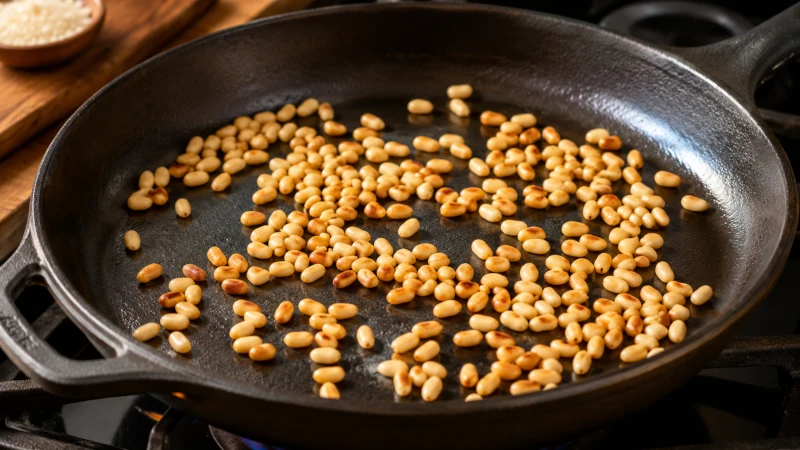 Pine nuts turning golden in a dry skillet.