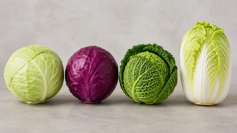 Green cabbage, red cabbage, Savoy cabbage, and Napa cabbage side by side.