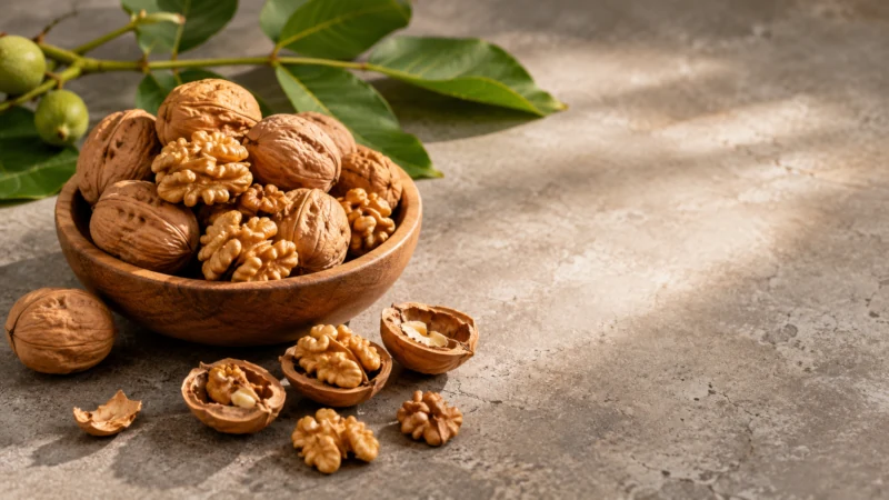 Walnuts in a wooden bowl with fresh walnut leaves and cracked shells