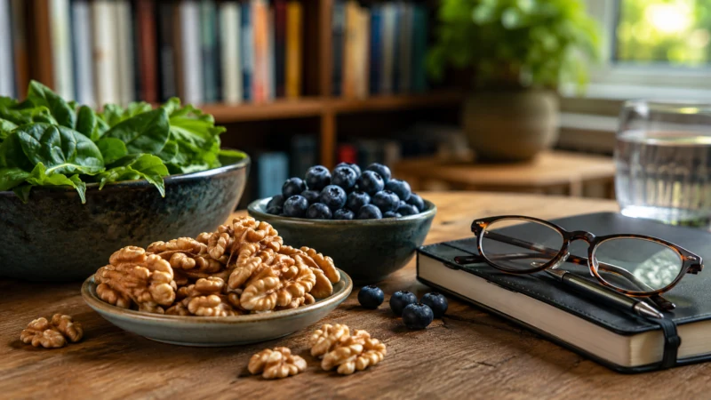 Walnut halves beside a notebook and blueberries in a brain-healthy food setting
