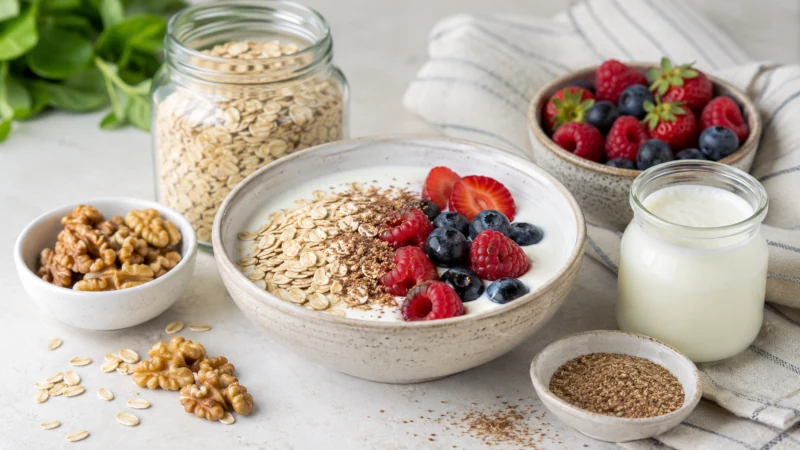 Walnuts with oats, kefir, berries, and other fiber-rich foods