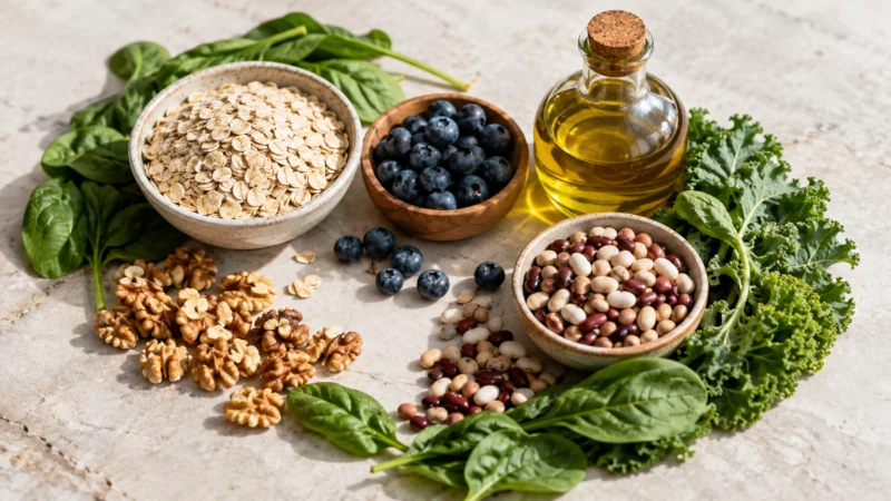 Walnuts served with oats, berries, and olive oil as part of a heart-healthy diet