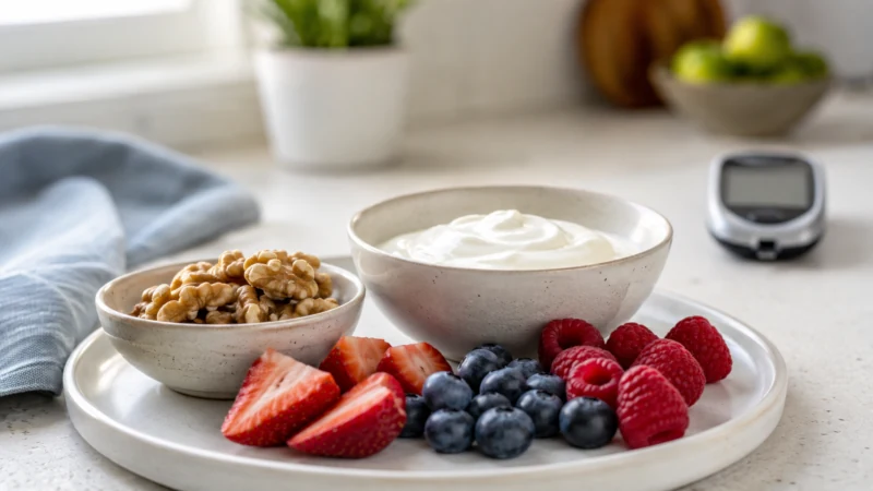 Walnuts with berries and plain yogurt as a low-carbohydrate snack