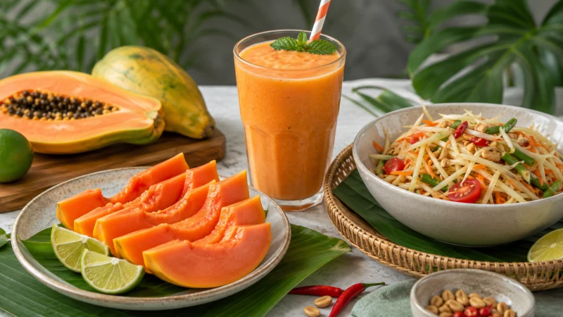 Papaya served fresh with lime, in a smoothie, and shredded green in salad.