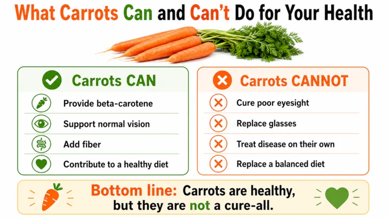 Infographic listing what the benefits of eating carrots can and cannot do for your health.