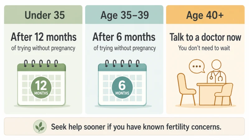 Fertility evaluation timeline showing under age 35 after 12 months, age 35 to 39 after 6 months, and age 40 or older right away