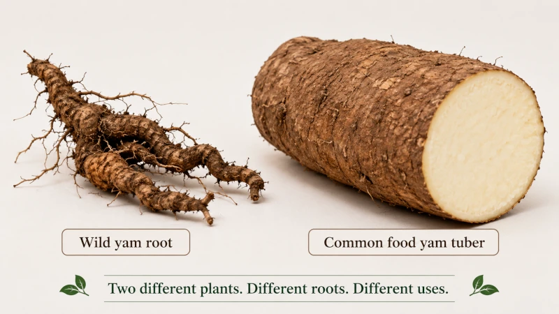 Wild yam root next to a cut section of common food yam tuber, illustrating the two different plants