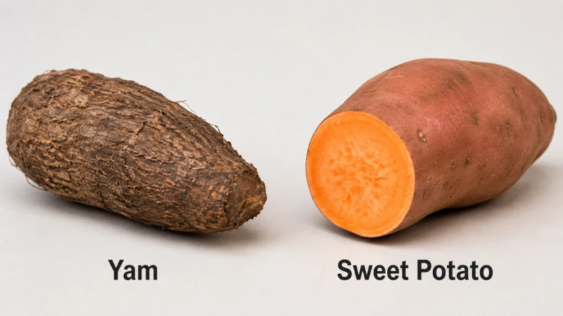 Side-by-side comparison of a rough-skinned yam and a smooth orange sweet potato.