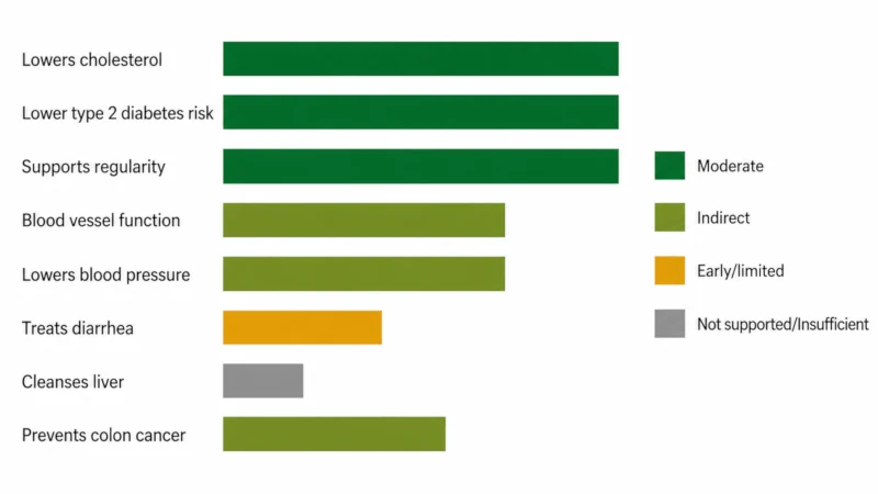 Horizontal bar chart grading the evidence behind apple health benefits claims, from moderate for cholesterol down to not supported for blood pressure and liver cleansing