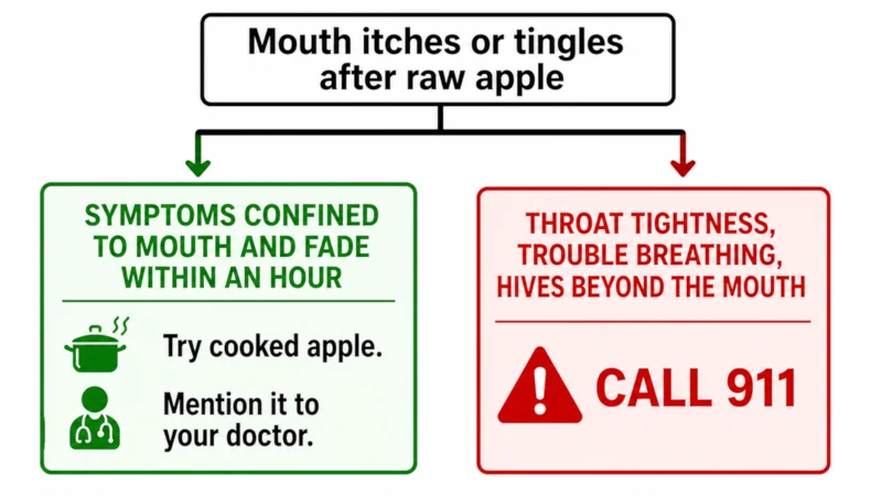 Decision guide for reactions to raw apple, separating mild mouth symptoms from emergency signs that require calling 911