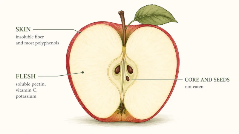 Cross-section diagram of an apple showing that the skin holds insoluble fiber and polyphenols while the flesh holds soluble pectin