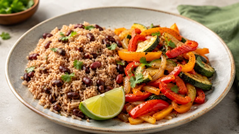 Plate of brown rice with beans, sauteed vegetables, and a wedge of lime.