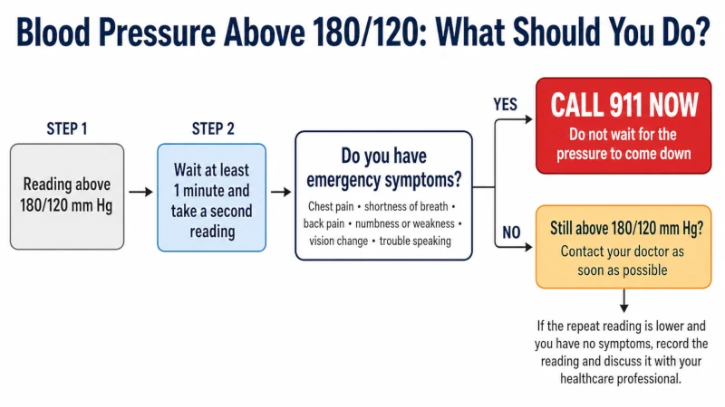 What to do for blood pressure above 180/120: repeat the reading after one minute and call 911 if emergency symptoms are present