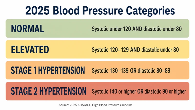 2025 blood pressure categories showing normal under 120/80, elevated 120-129 with diastolic under 80, stage 1 hypertension 130-139 or 80-89, and stage 2 hypertension 140 or 90 and above
